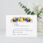 ネイビー&黄色金ゴールドフローラブーケ結婚ス 出欠カード (スタンド正面)