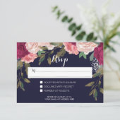 ネイビー・RSVPカード・結婚式・バーガンディ・フラワープリント 出欠カード (スタンド正面)