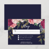 ネイビー・RSVPカード・結婚式・バーガンディ・フラワープリント 出欠カード (正面/裏面)