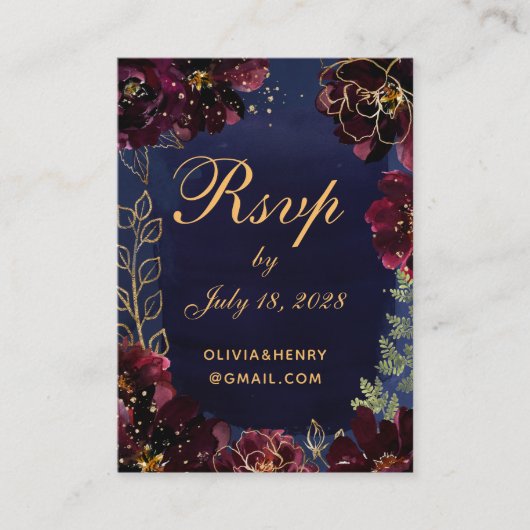 ネイビーBordeauxオンラインRSVPと詳細カード 名刺 (正面)
