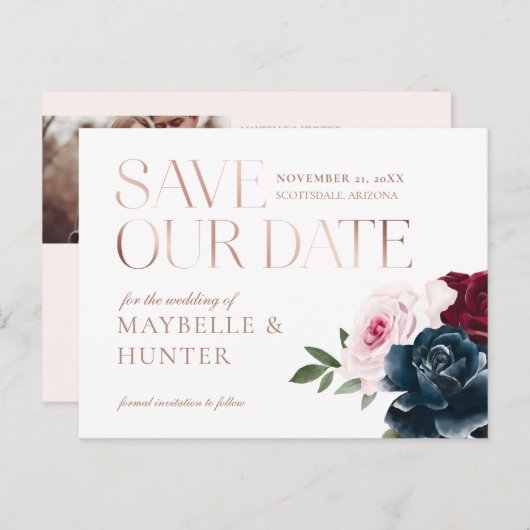 ネイビーBurgundy水彩写真救日付 案内ポストカード (正面/裏面)