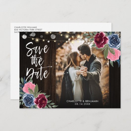 ネイビーBurgundy赤面フローラ写真Save The Date ポストカード (正面/裏面)