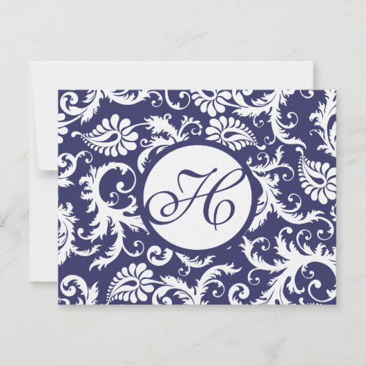 ネイビーDamask Swirlsの結婚応答カードRSVP 出欠カード (正面)