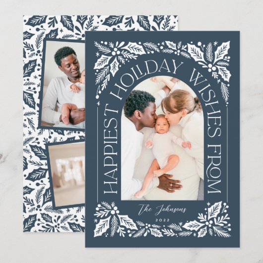 ネイビーHappiest Wishesアーチベリー3フォトコラージュ シーズンカード (正面/裏面)