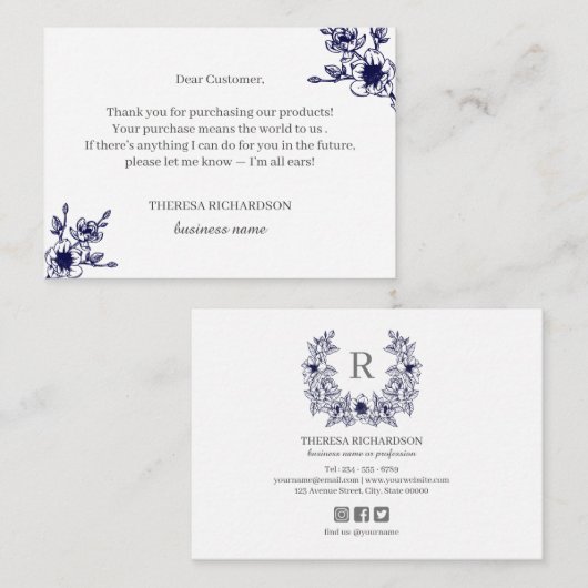 ネイビーMagnoliaリースご購入ありがとうございます エンクロージャーカード (正面/裏面)