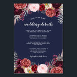 ネイビーMarsala Peony結婚の挿入披露宴カード テーブルナンバー<br><div class="desc">ネイビーマルサラ結婚ペイオニーの披露宴カードの挿入 – これらの詳細カードを含め、お客様の披露宴の場所、披露宴のタイムラインおよびホテルの情報を通知して、計画を容易にする。デザインは、色々な牡丹、バラ、その他のフローラ要素を持つネイビーブルーの背景を備えているマルサラ、ブルゴーニュ、ブルーピンク、グレーなどの色合いで。このページの一致するコレクションを参照して、イベントの検索を完了する</div>