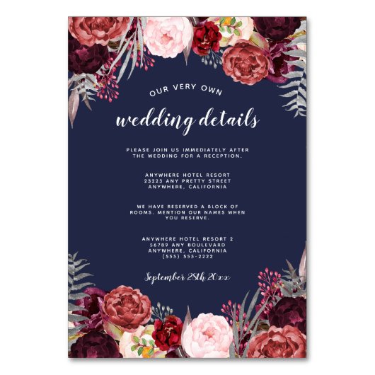 ネイビーMarsala Peony結婚の挿入披露宴カード テーブルナンバー (正面)