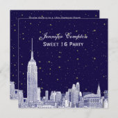 ネイビーNYCスカイラインエッチスターリーDIY BGスウィート16 SQ In 招待状 (正面/裏面)