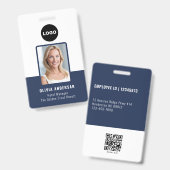 ネイビーQRコード付き社員写真IDと企業ロゴ バッジ (正面&裏面)