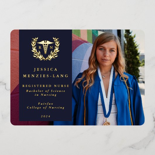 ネイビーRNカドゥセウス卒業写真発表 箔招待状 (正面)