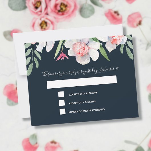 ネイビーRSVPとメニューの白い水仙 出欠カード