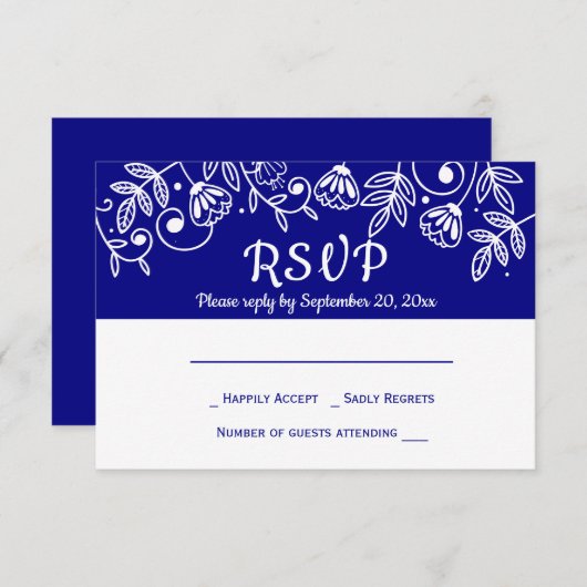 ネイビーRSVPブルーフローラウェディングフラワーズカントリー 招待状 (正面/裏面)