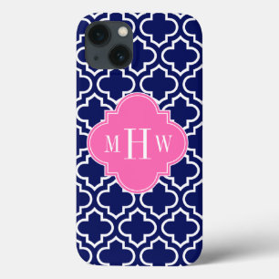 ネイビーWHTモロッコ#6ホットピンク3イニシャルモノグラム iPhone 13ケース
