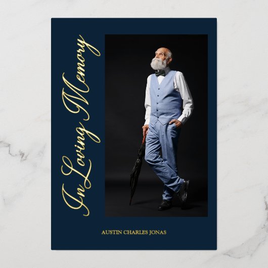 ネイビ伝統的ーエレガント実在とゴールデン写真 箔招待状 (正面)