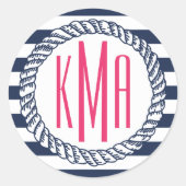 ネイビ名門私立校風のーとホワイトストライプピンクモノグラム ラウンドシール (正面)