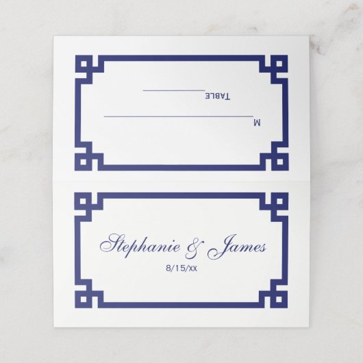 ネイビ名門私立校風のーエレガントブルーギリシャ鍵エスコートカード プレイスカード (外部開封)