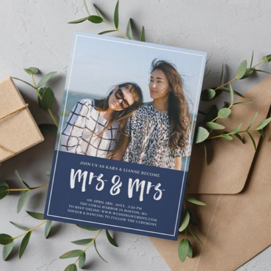 ネイビ名門私立校風のーブルー夫人のBrush Script結婚の 招待状