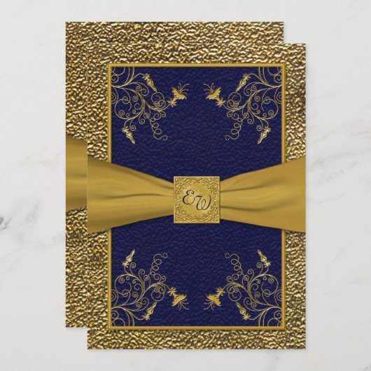 ネイビ威厳のあるーと金ゴールドモノグラム結婚式招待状 招待状 (正面/裏面)