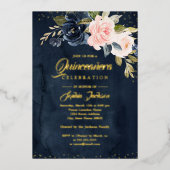 ネイビ実在ー金箔赤面ピンクフローラキンセアニェラ 箔招待状 (正面)