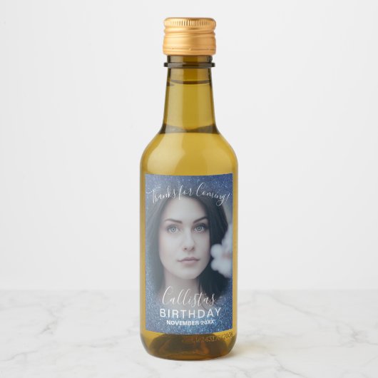 ネイビ感謝していーブルーグリッター写真グラデーション誕生日 ワインラベル (正面)