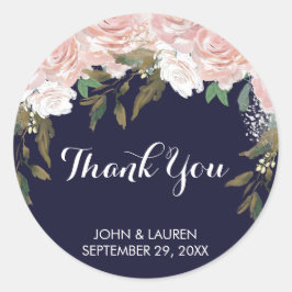 ネイビ淡い色のピンクの感謝していフローラステッカー結婚の ラウンドシール