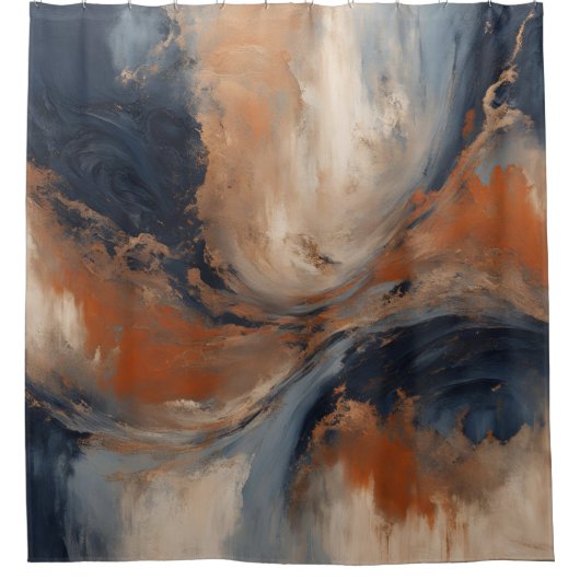 ネイビ渦巻形のーブルオレンジライトブルーマーブル シャワーカーテン (正面)