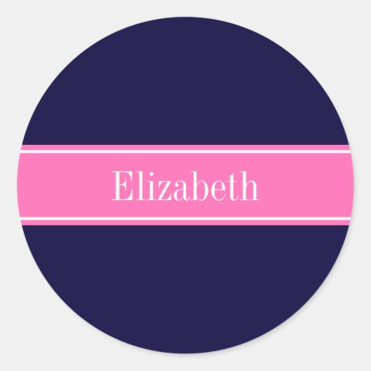 ネイビ無地のーブルーホットピンク#2リボン名モノグラム ラウンドシール (正面)