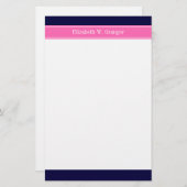 ネイビ無地のーブルーホットピンク#2リボン名モノグラム 便箋 (正面/裏面)