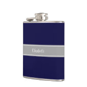 ネイビ無地のーブルー、ダークグレーリボン名モノグラム フラスク (左)