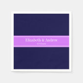 ネイビ無地のーブルー、薄紫リボン名モノグラム スタンダードカクテルナプキン (正面)