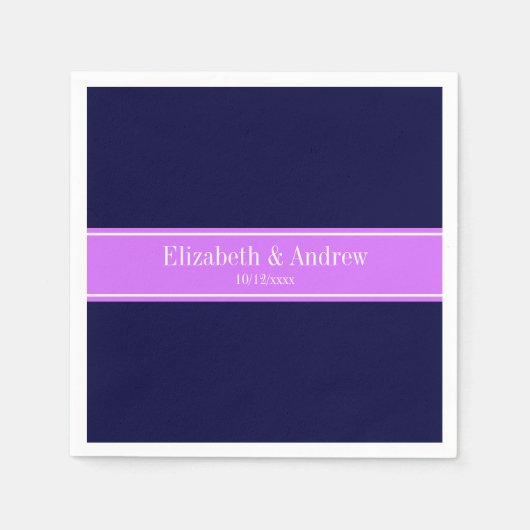 ネイビ無地のーブルー、薄紫リボン名モノグラム スタンダードカクテルナプキン (正面)