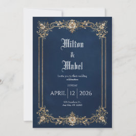 ネイビ王室のーと金ゴールドのフローラ結婚 招待状