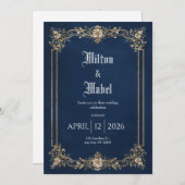ネイビ王室のーと金ゴールドのフローラ結婚 招待状 (正面/裏面)