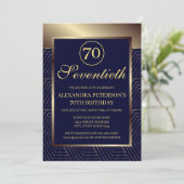 ネイビ王室のーブルーと金ゴールドパターン(の模様が)ある縁ど誕生日 招待状 (スタンド正面)