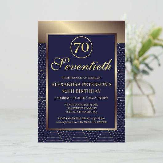 ネイビ王室のーブルーと金ゴールドパターン(の模様が)ある縁ど誕生日 招待状 (スタンド正面)