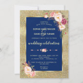 ネイビ王室のーブルー赤面フローラ結婚金ゴールド 招待状 (正面)