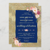 ネイビ王室のーブルー赤面フローラ結婚金ゴールド 招待状 (正面/裏面)