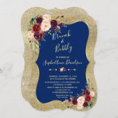 ネイビ王室のーブルー赤面フローラ金ゴールドブランチ&バブリー 招待状 (正面/裏面)