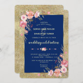 ネイビ王室のーブルー赤面牡丹金ゴールド結婚 招待状 (正面/裏面)