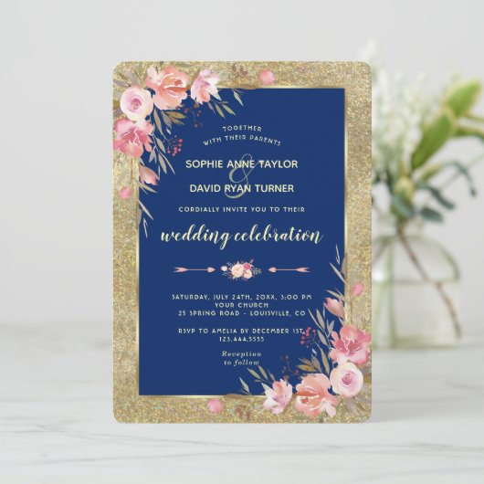 ネイビ王室のーブルー赤面牡丹金ゴールド結婚 招待状 (スタンド正面)