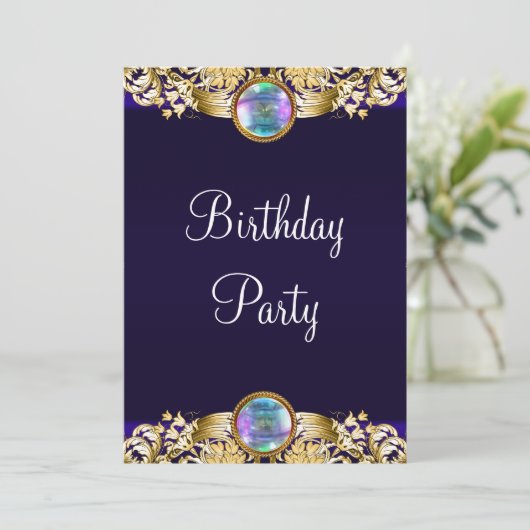 ネイビ王室のーブルー金ゴールド女性バースデーパーティー 招待状 (スタンド正面)