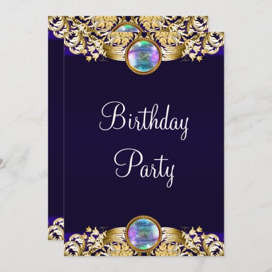 ネイビ王室のーブルー金ゴールド女性バースデーパーティー 招待状 (正面/裏面)