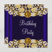 ネイビ王室のーブルー金ゴールド女性バースデーパーティー 招待状 (正面/裏面)