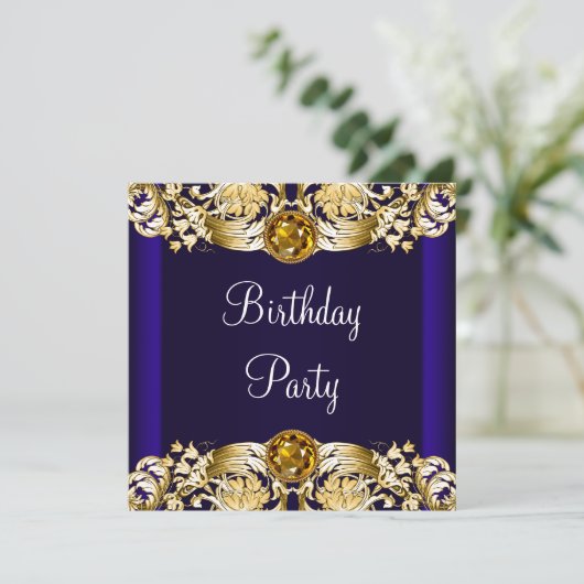 ネイビ王室のーブルー金ゴールド女性バースデーパーティー 招待状 (スタンド正面)