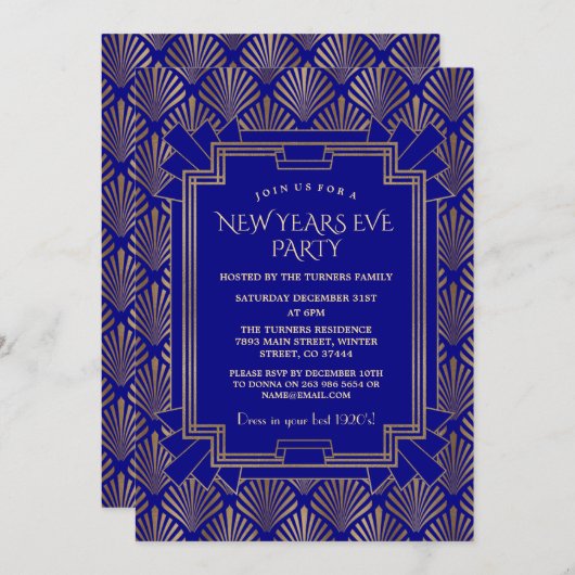 ネイビ王室のーブルー金ゴールド素晴らしギャツビー新年パーティー 招待状 (正面/裏面)