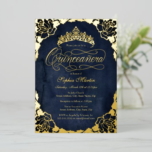 ネイビ王室のー金ゴールドエレガントバラスクリプトキンセアニェラ 箔招待状 (立ち正面)