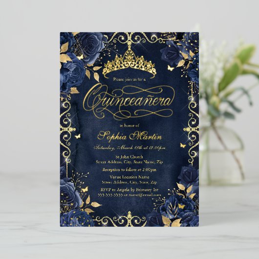 ネイビ王室のー金ゴールドバタフライバラキンセアニェラ 箔招待状 (立ち正面)