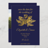 ネイビ王室のー青エレガント金ゴールド写真の保存日 セーブザデート (正面/裏面)