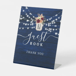 ネイビ素朴ス結婚のゲストブックサイン 台座サイン