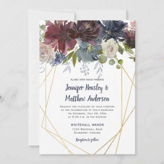 ネイビ素朴ブルゴーニュバラ幾何学フローラ結婚ズ 招待状 (正面)